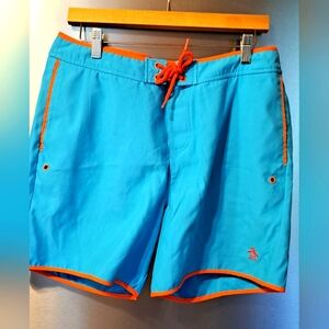 Men's Original Penguin Blue Board Shorts Mesh Lined Surf Swimwear Trunks 34